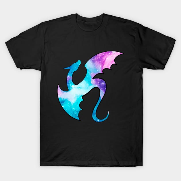 Flying Watercolor Galaxy Dragon Silhouette T-Shirt by Lady Lilac